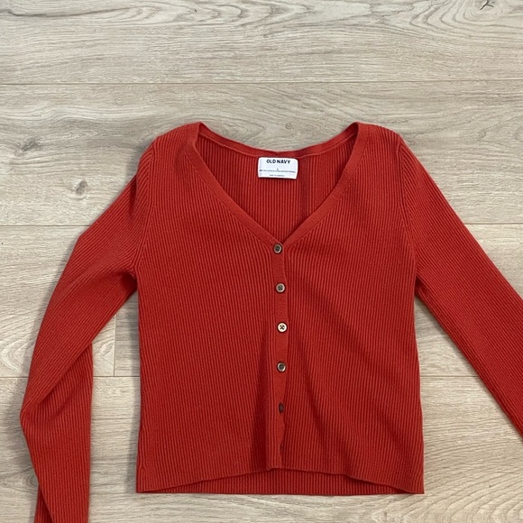 Red Ribbed Button-Up Cardigan - Picture 2 of 4